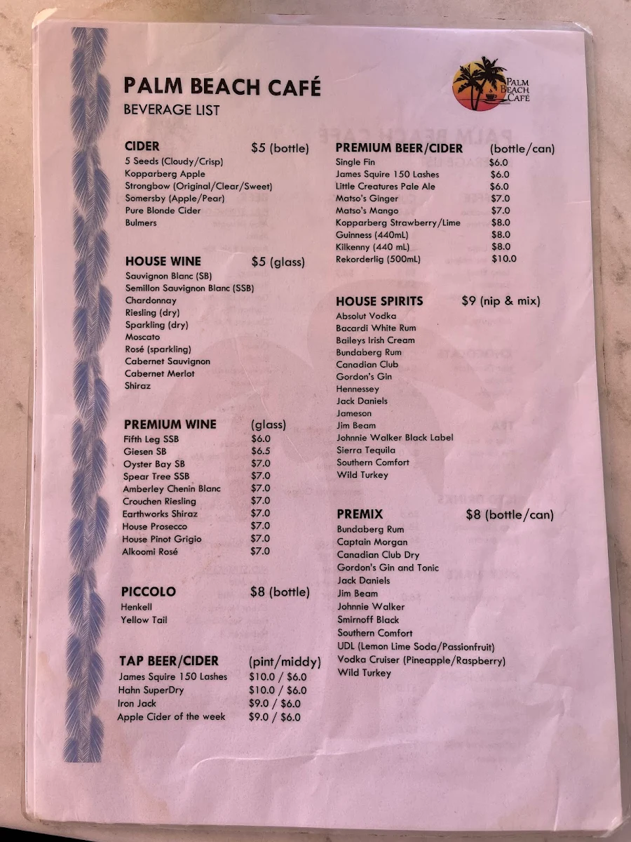 Menu, Palm Beach Café