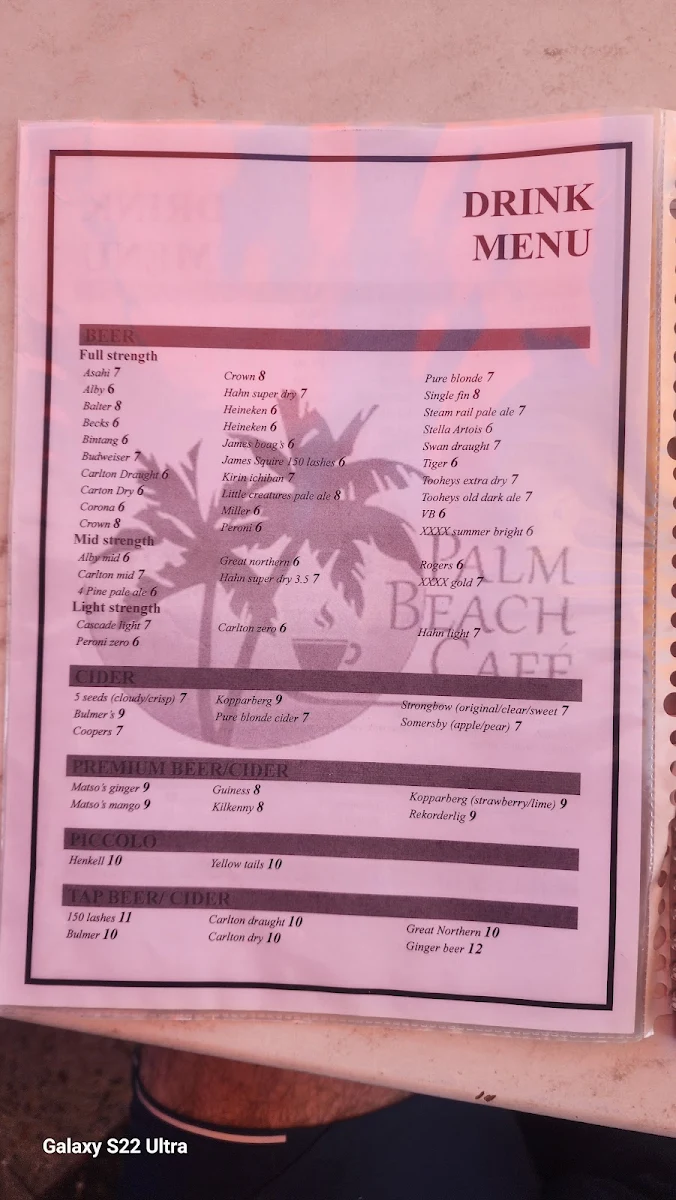 Menu, Palm Beach Café