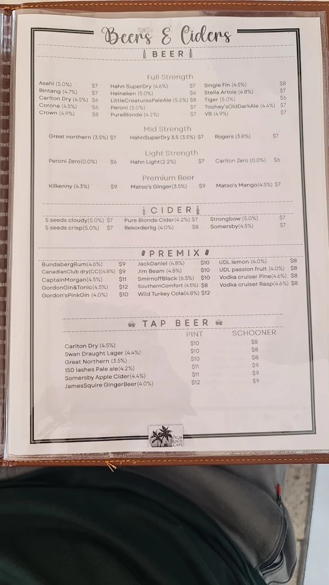 Menu, Palm Beach Café