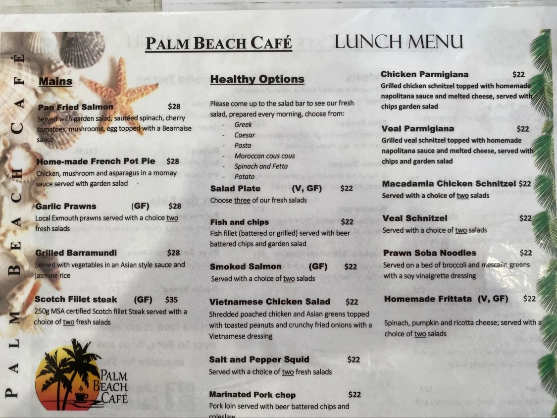 Menu, Palm Beach Café