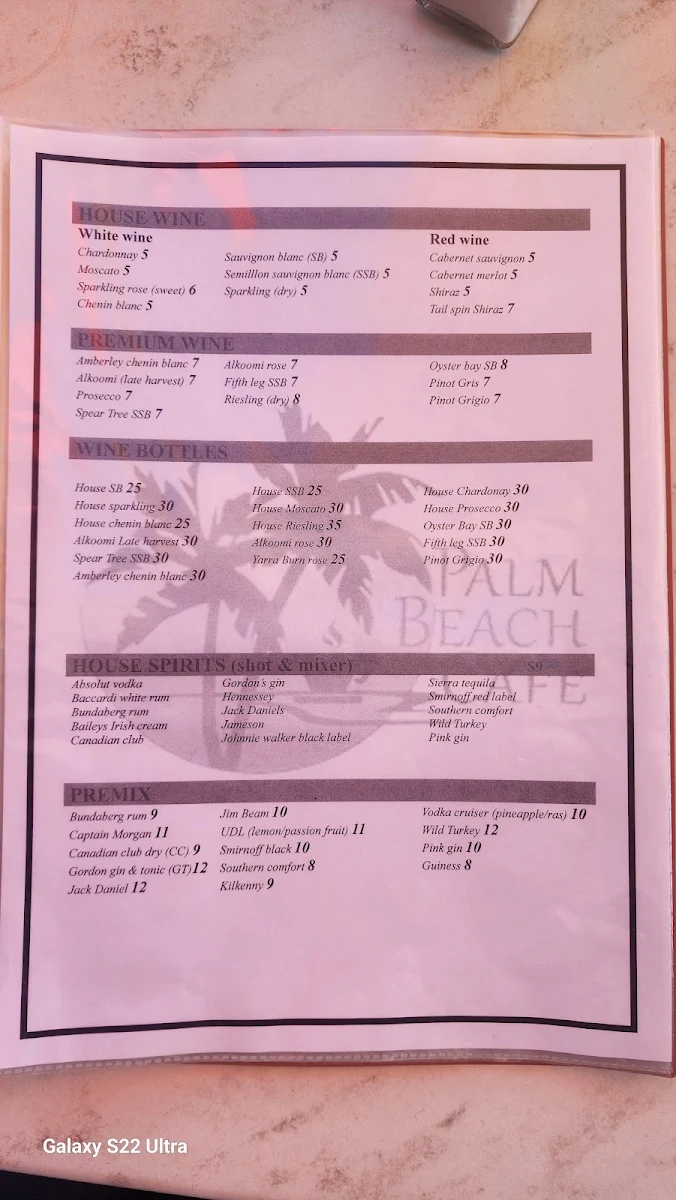 Menu, Palm Beach Café