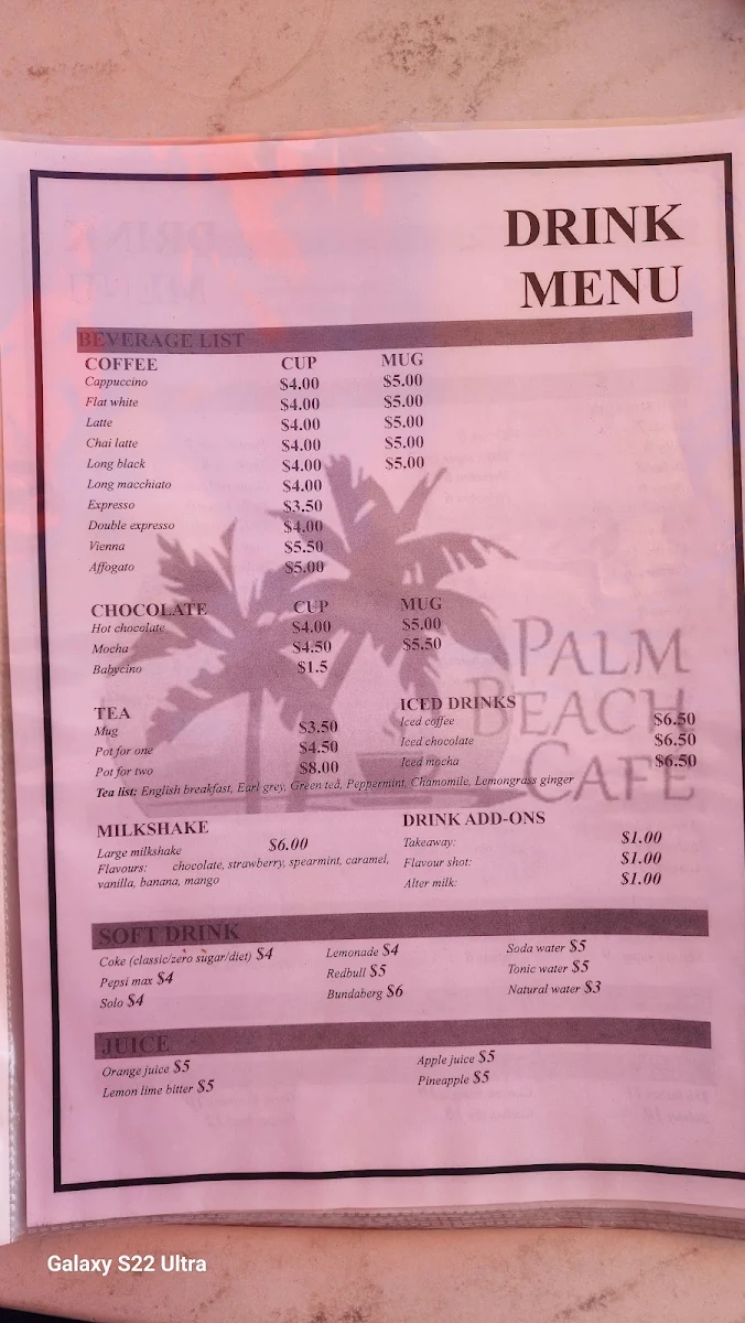 Menu, Palm Beach Café