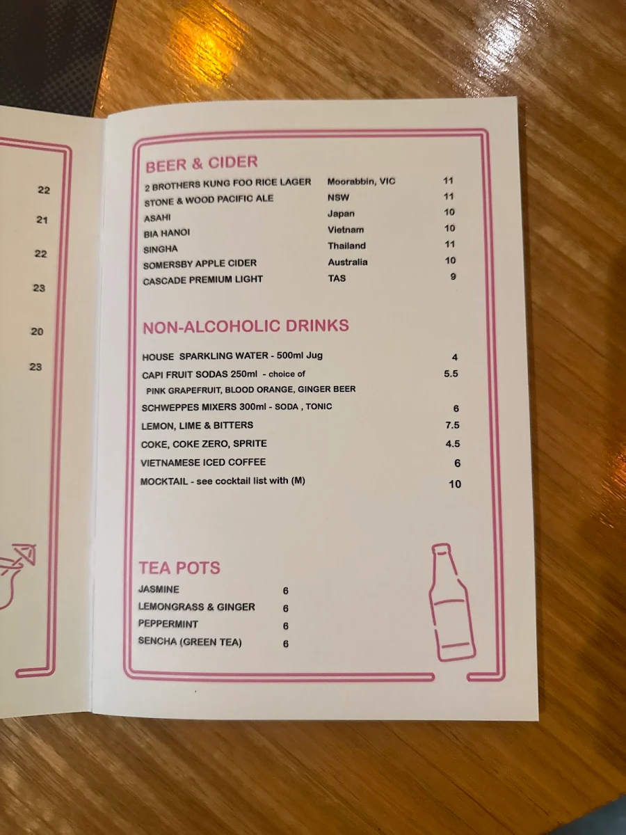 Menu, Honey Boy Vietnamese Restaurant