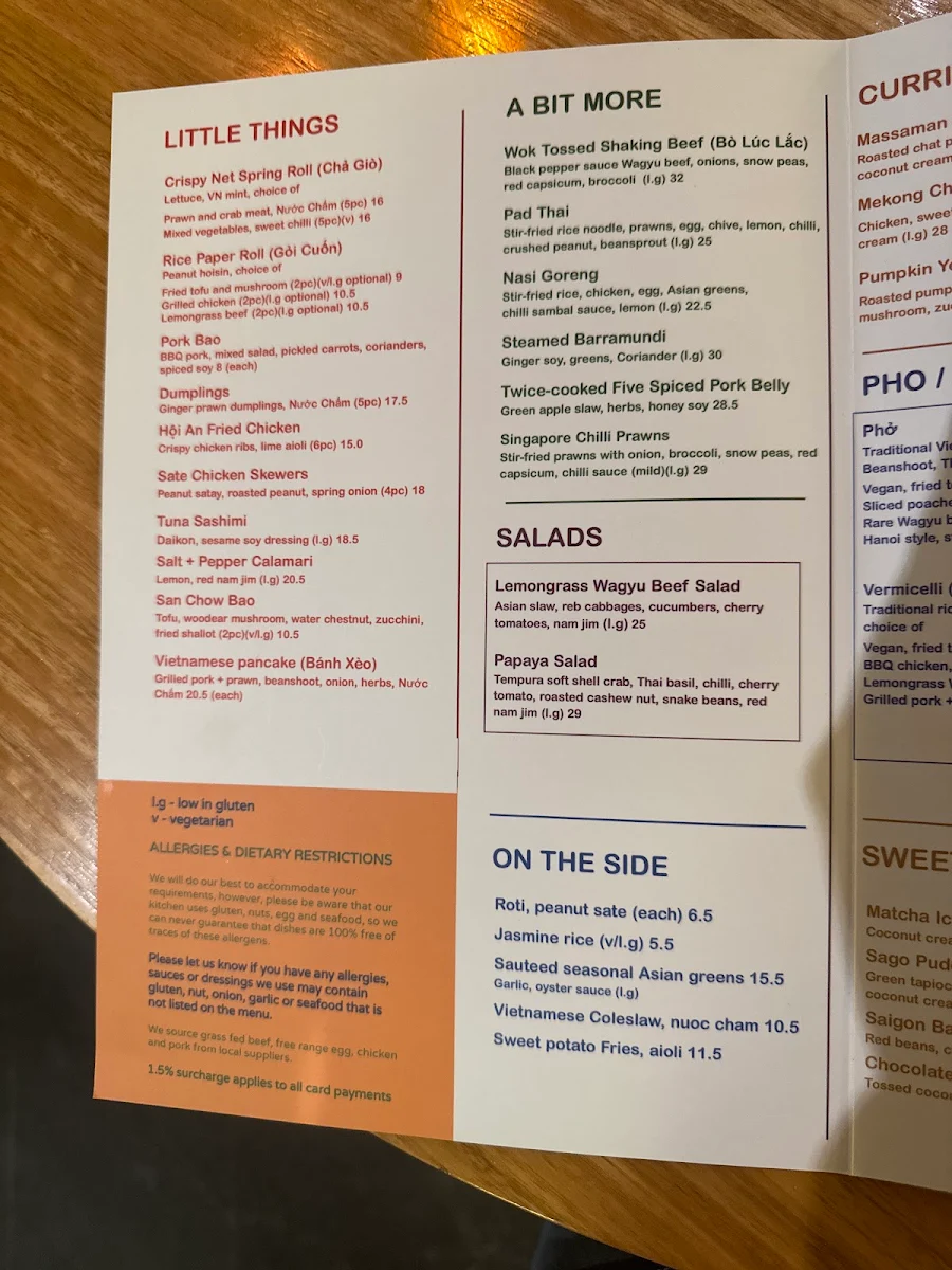 Menu, Honey Boy Vietnamese Restaurant