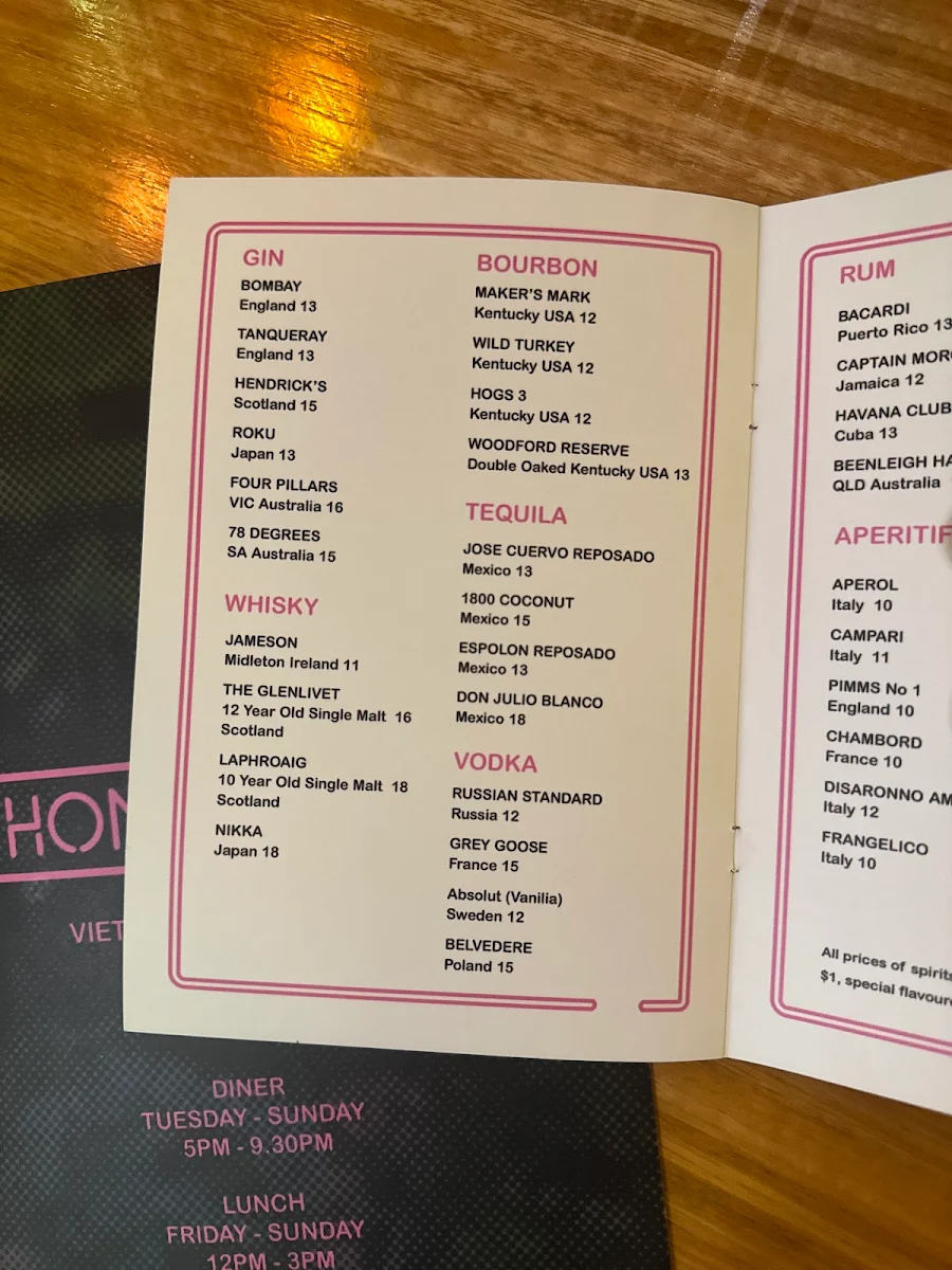 Menu, Honey Boy Vietnamese Restaurant