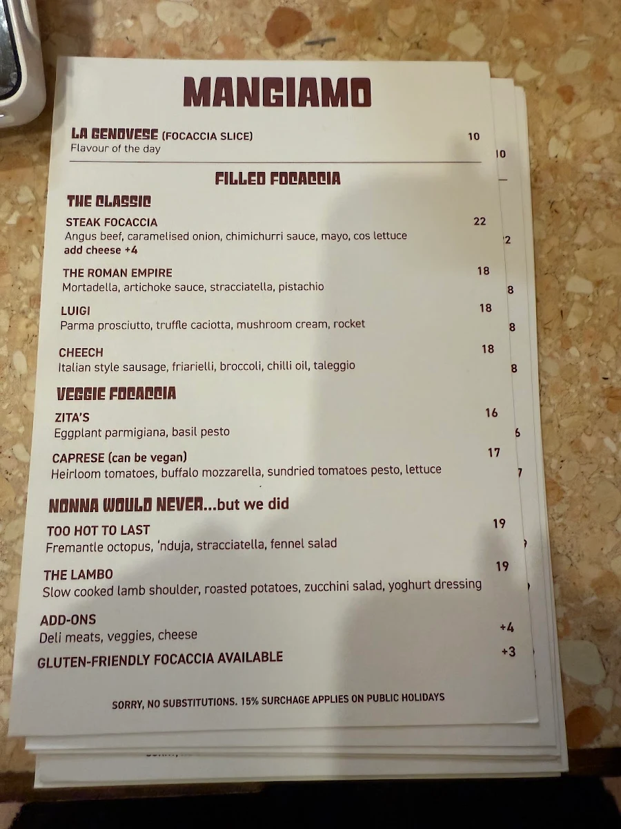 Menu, Zita's Focaccia