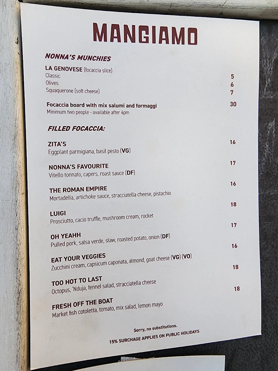 Menu, Zita's Focaccia