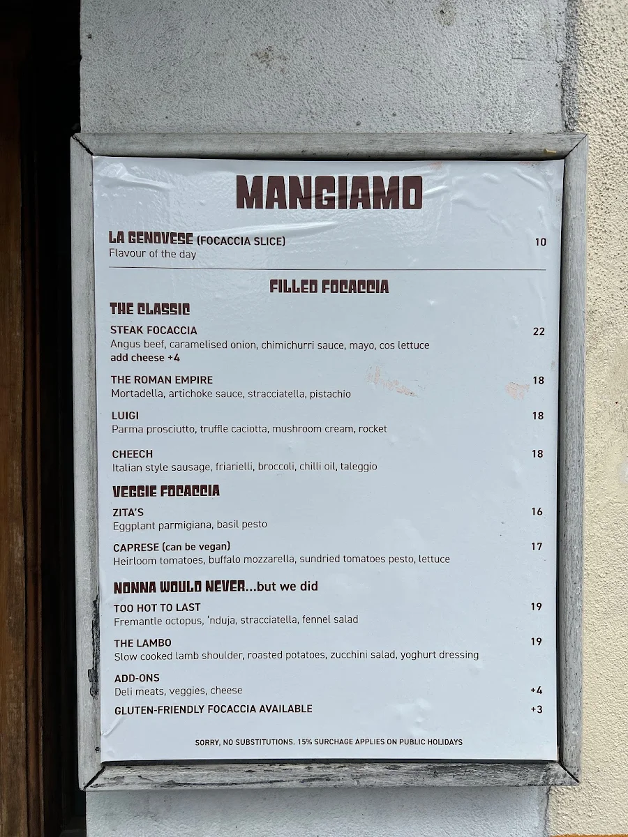 Menu, Zita's Focaccia