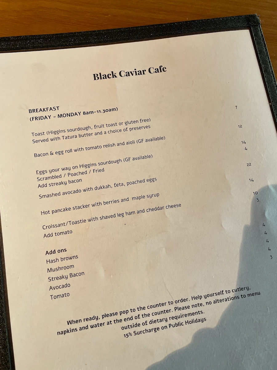 Menu, Black Caviar Cafe