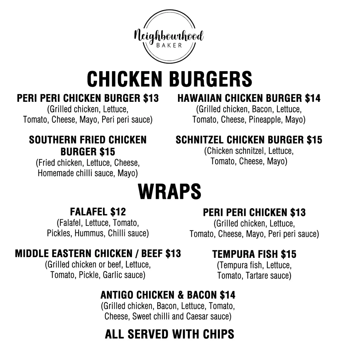 Menu, Neighbourhood Baker