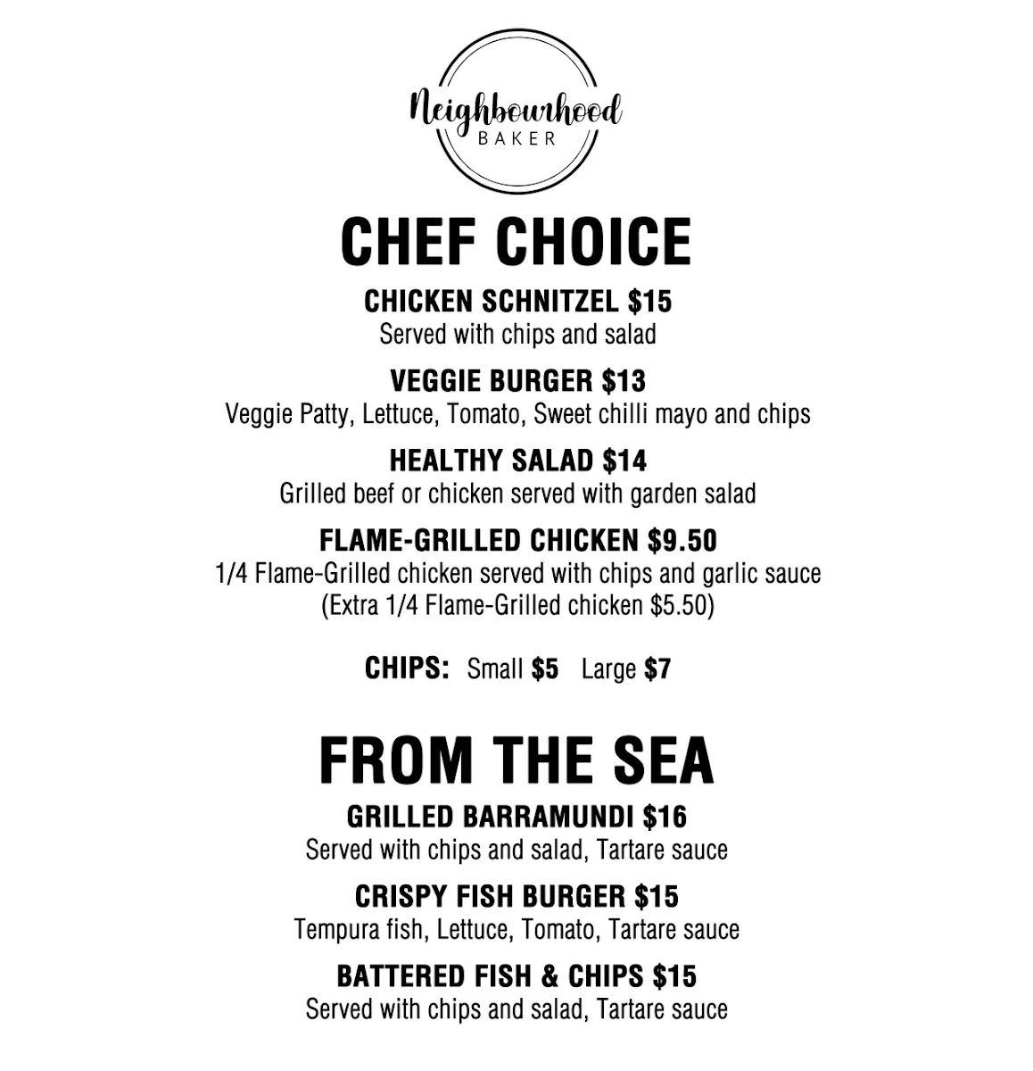 Menu, Neighbourhood Baker