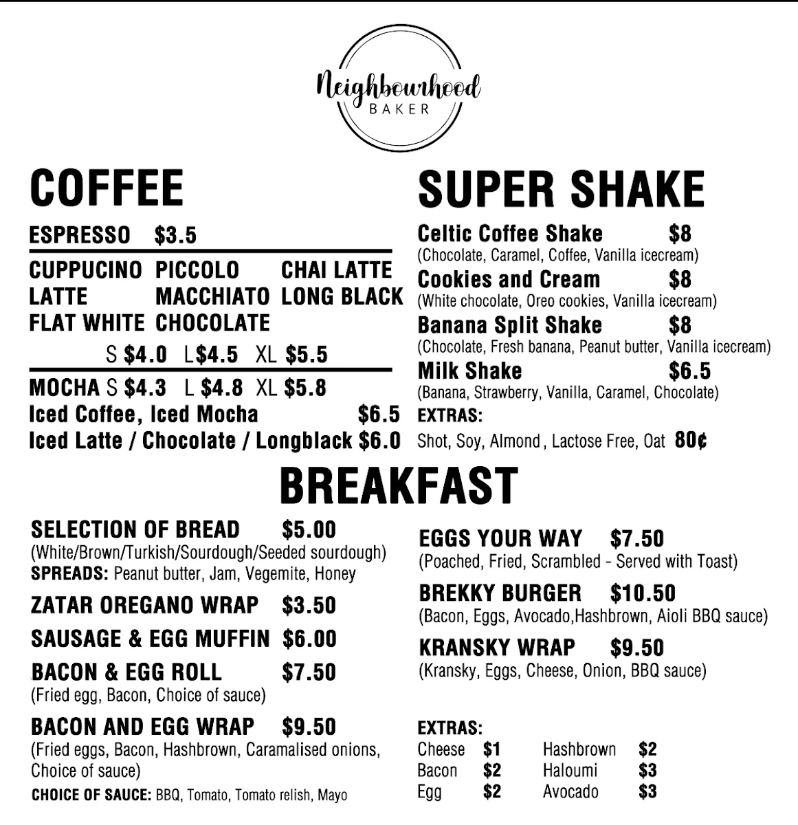 Menu, Neighbourhood Baker