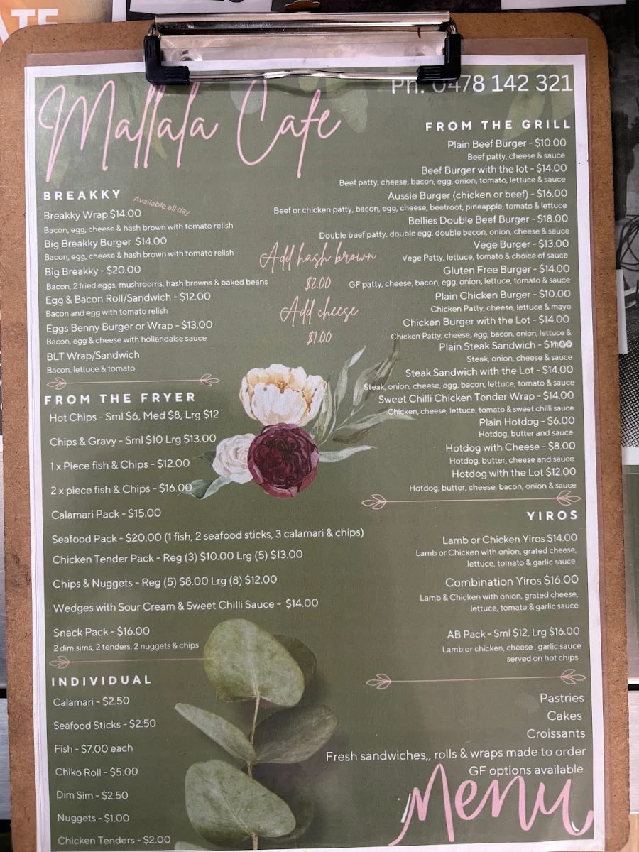Menu, Mallala Cafe