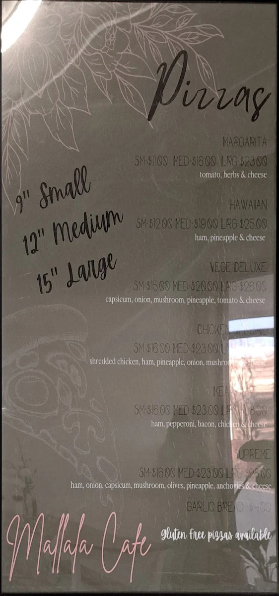Menu, Mallala Cafe