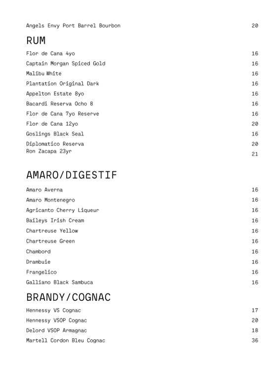Menu, Rooftop at QT