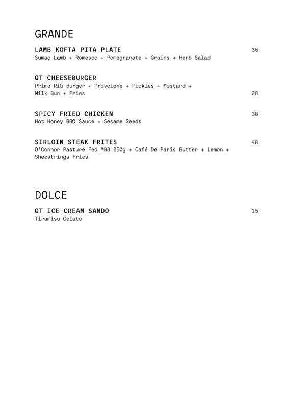 Menu, Rooftop at QT