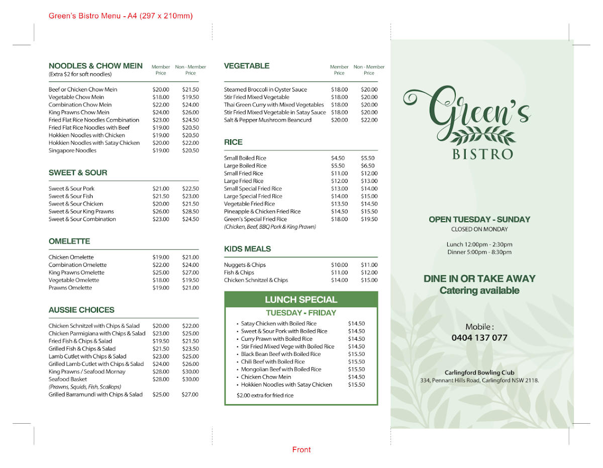 Menu, Green’s Bistro
