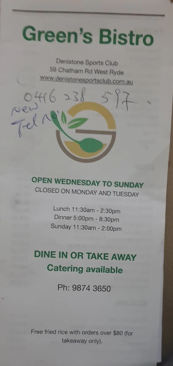Menu, Green’s Bistro