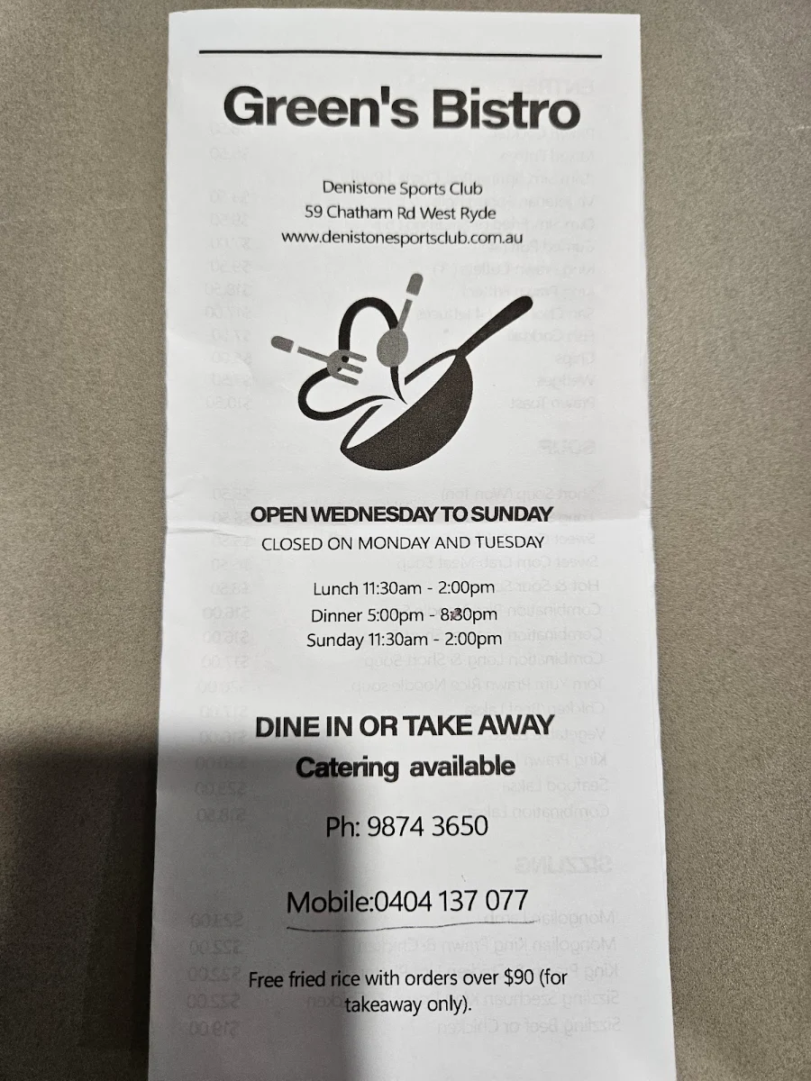 Menu, Green’s Bistro