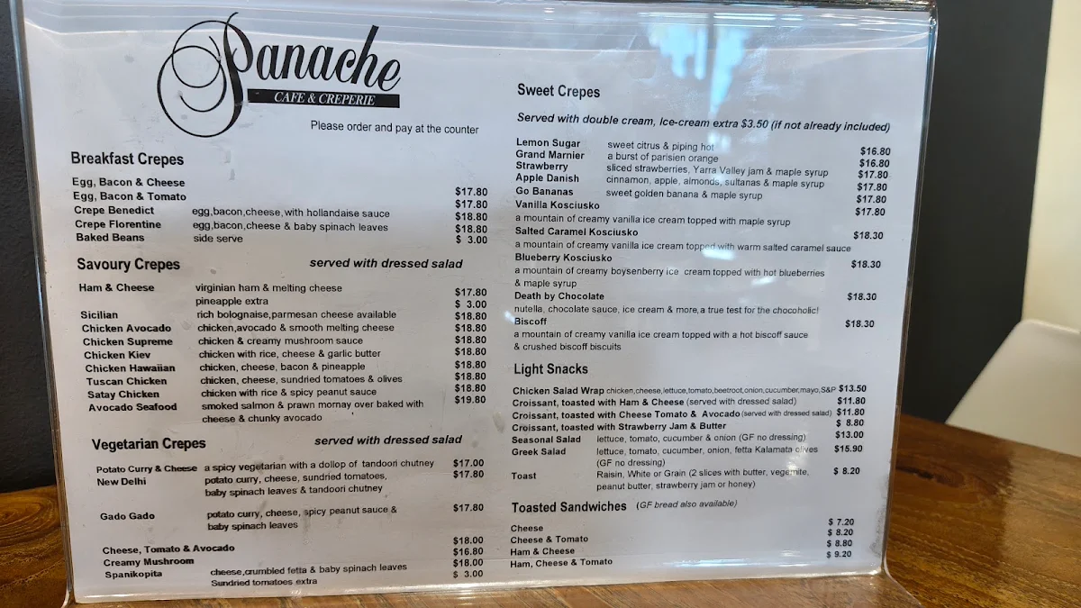 Menu, Panache Cafe and Creperie