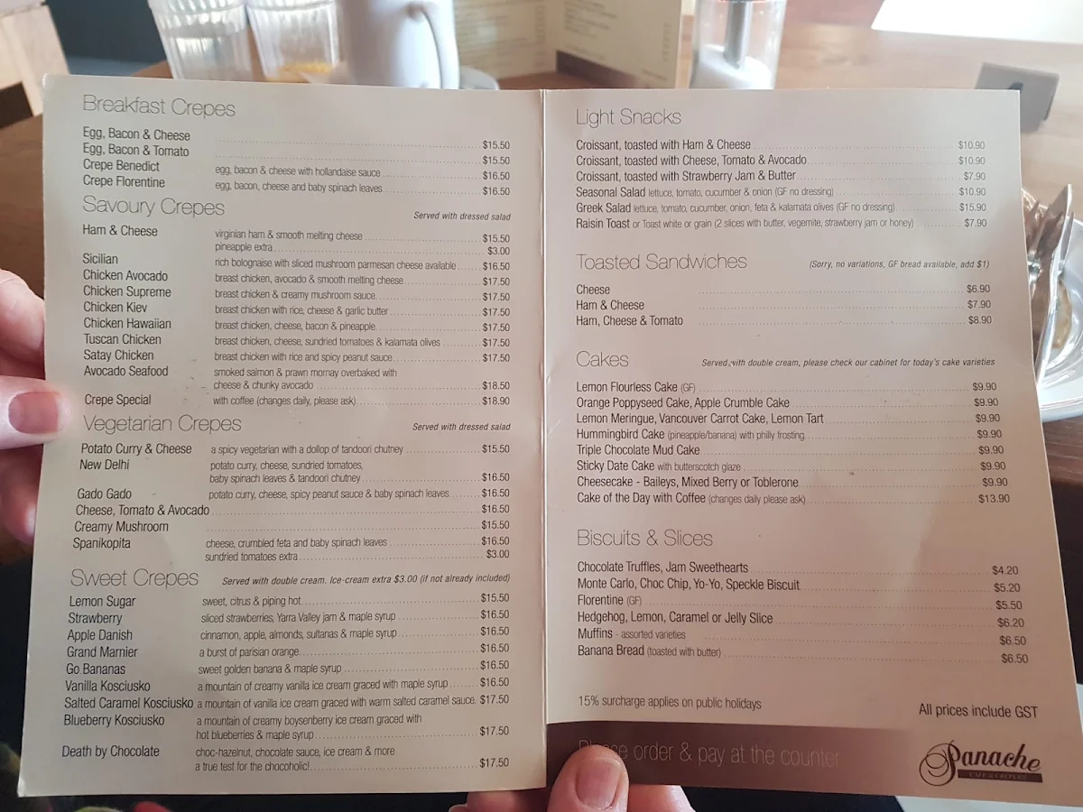 Menu, Panache Cafe and Creperie