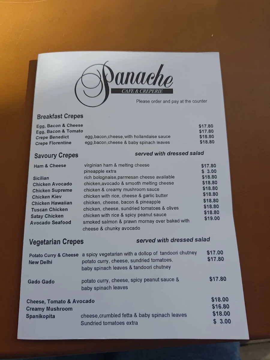 Menu, Panache Cafe and Creperie