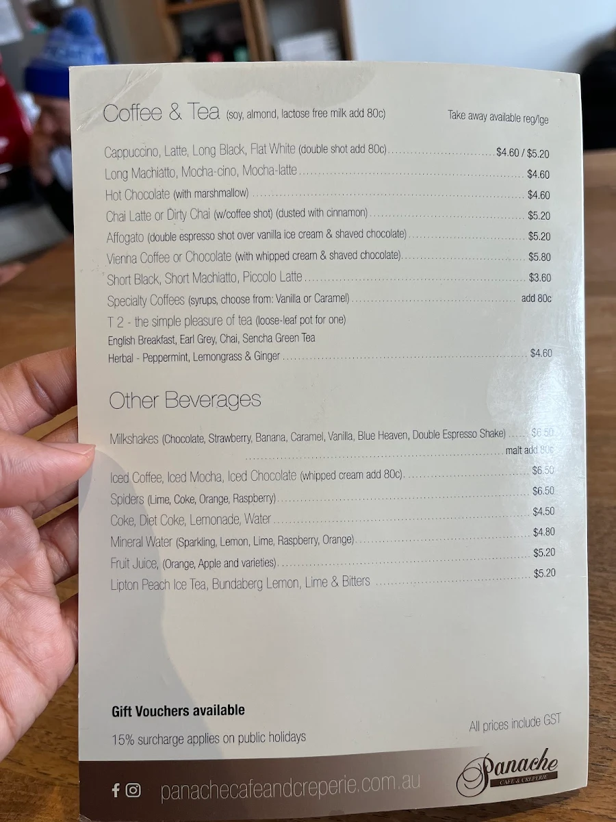 Menu, Panache Cafe and Creperie