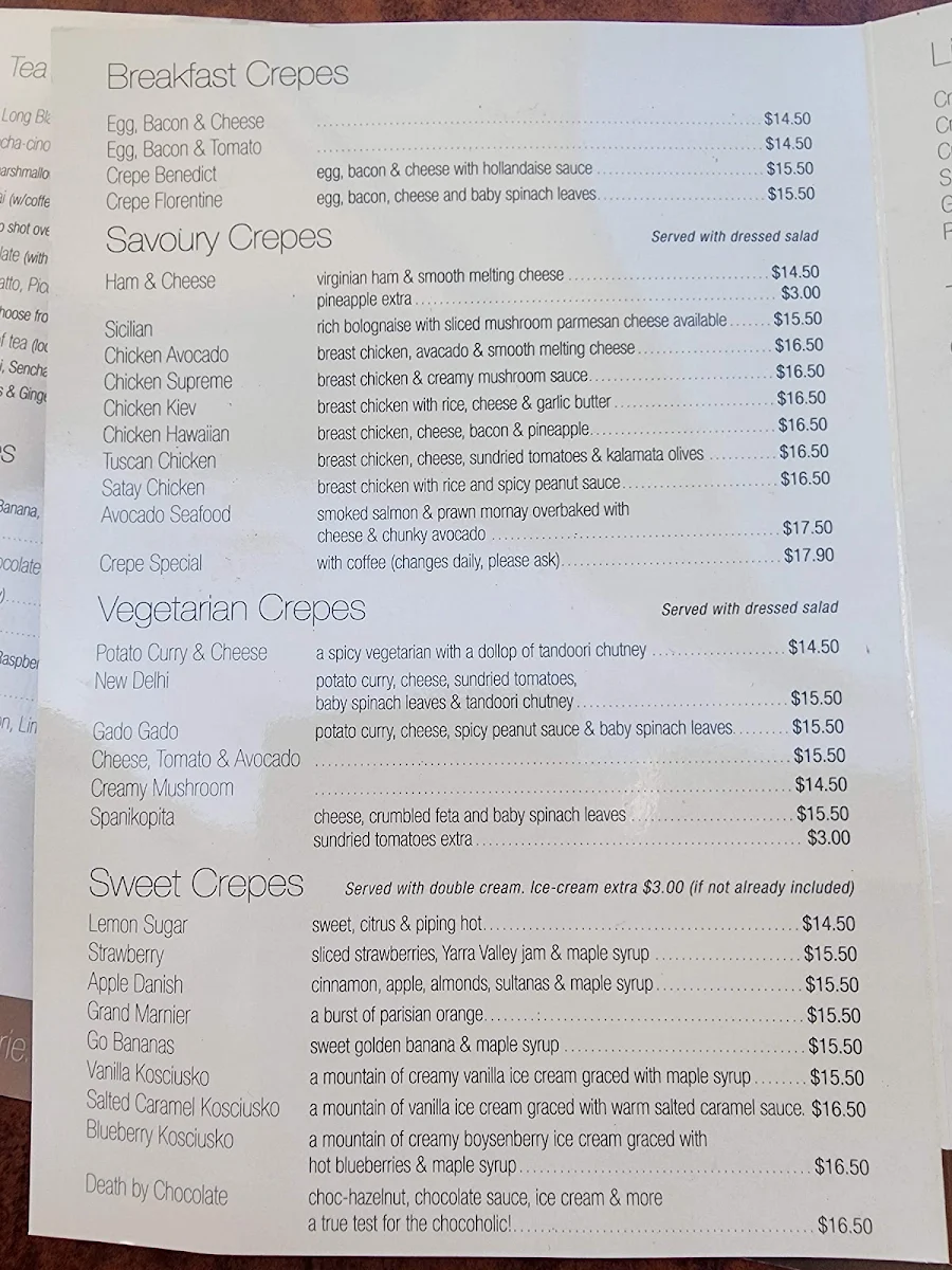 Menu, Panache Cafe and Creperie