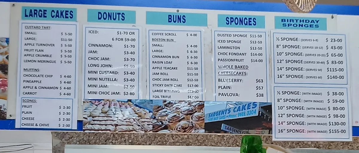 Menu, Sargent's Cakes
