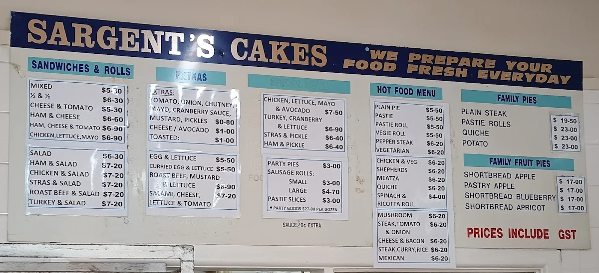 Menu, Sargent's Cakes