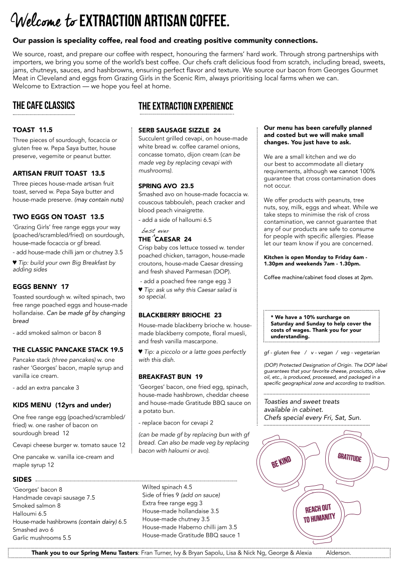 Menu, Extraction Artisan Coffee