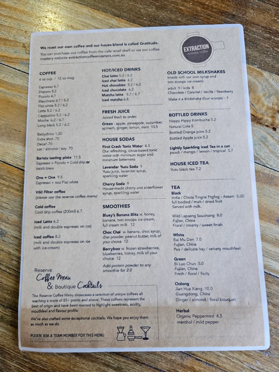 Menu, Extraction Artisan Coffee