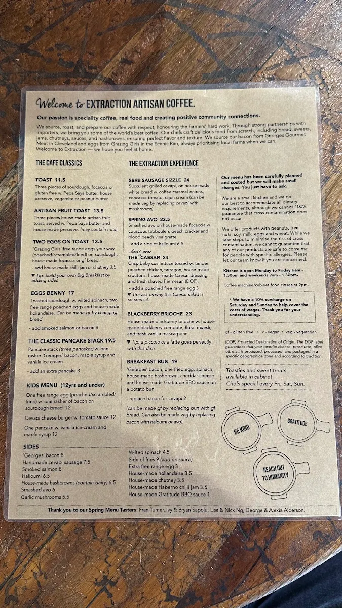 Menu, Extraction Artisan Coffee