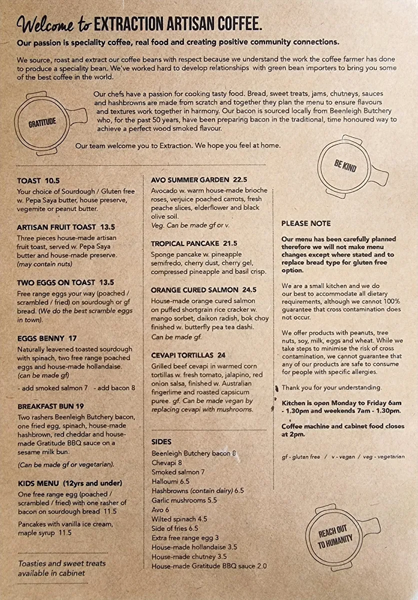 Menu, Extraction Artisan Coffee