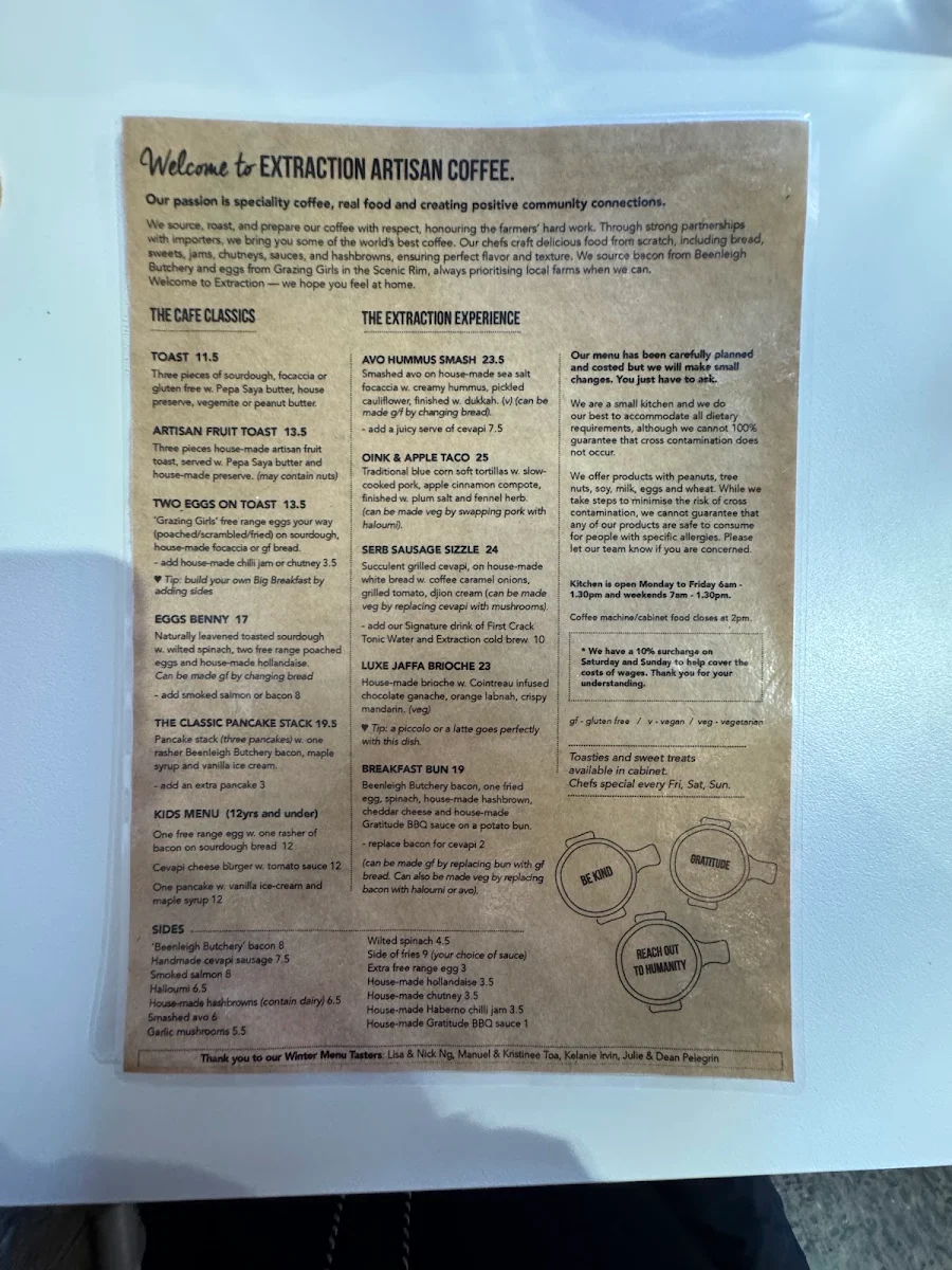 Menu, Extraction Artisan Coffee