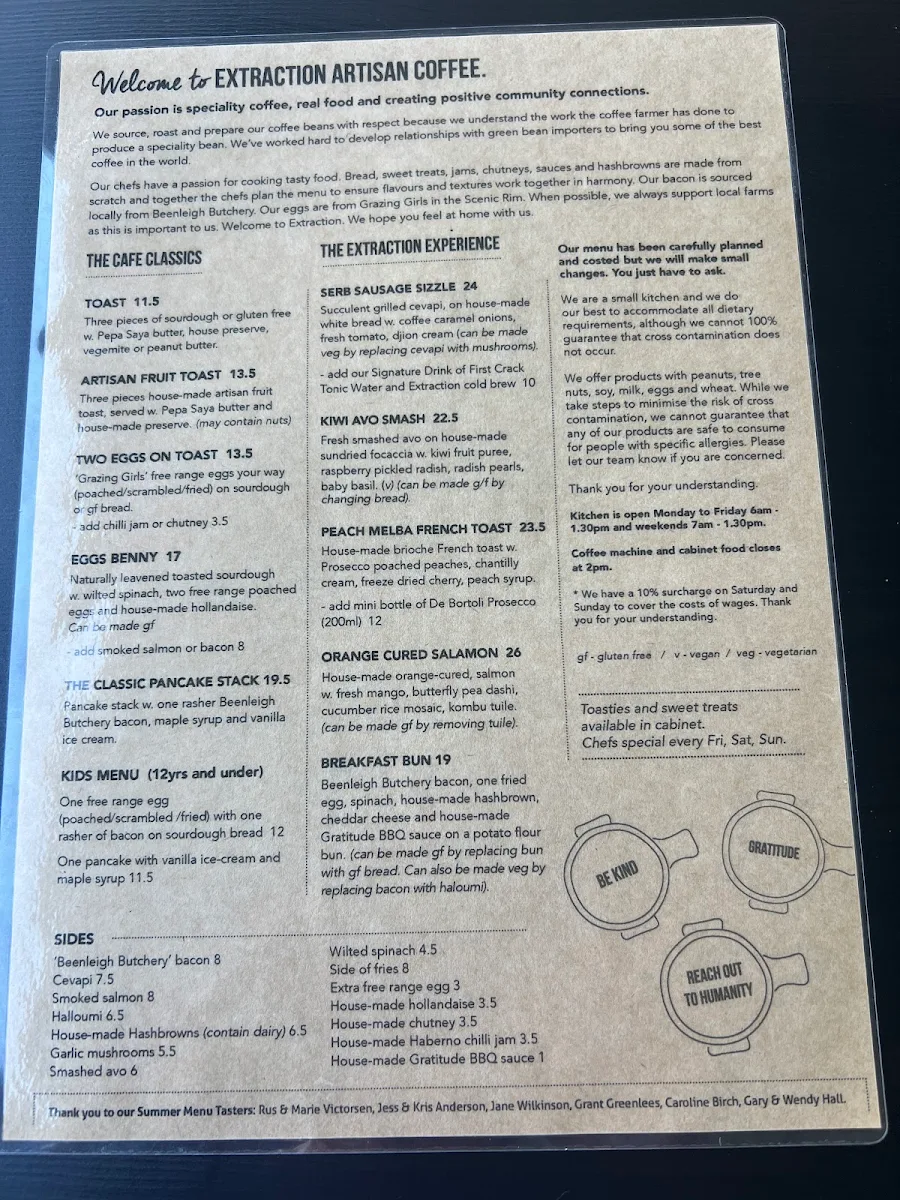 Menu, Extraction Artisan Coffee