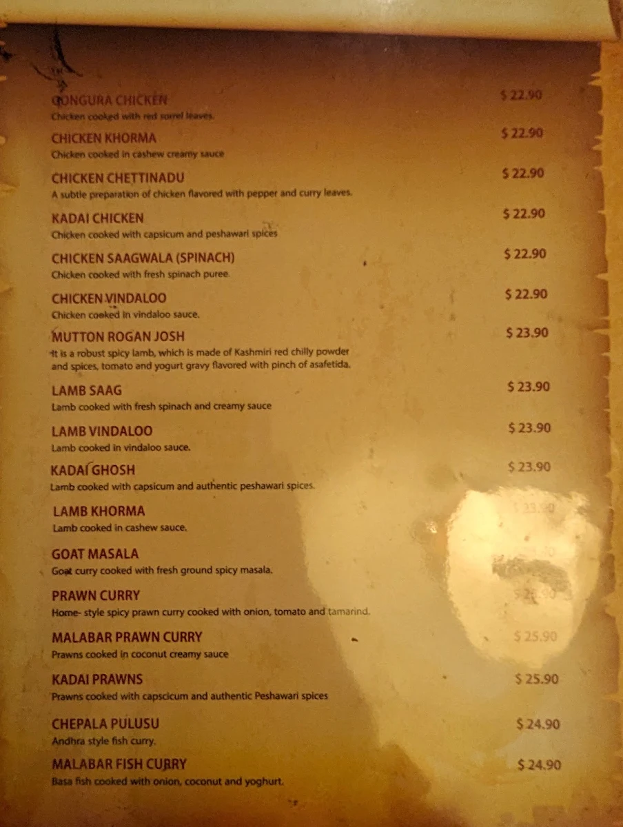 Menu, Baahubali Indian Restaurant