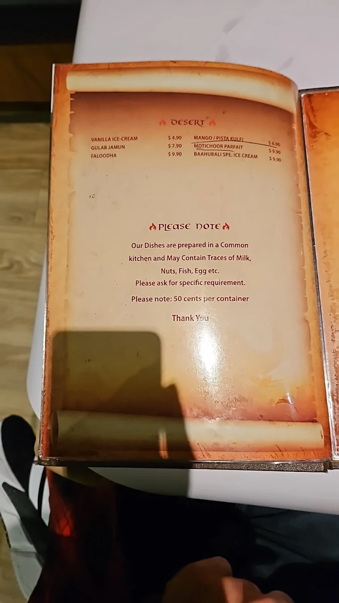 Menu, Baahubali Indian Restaurant