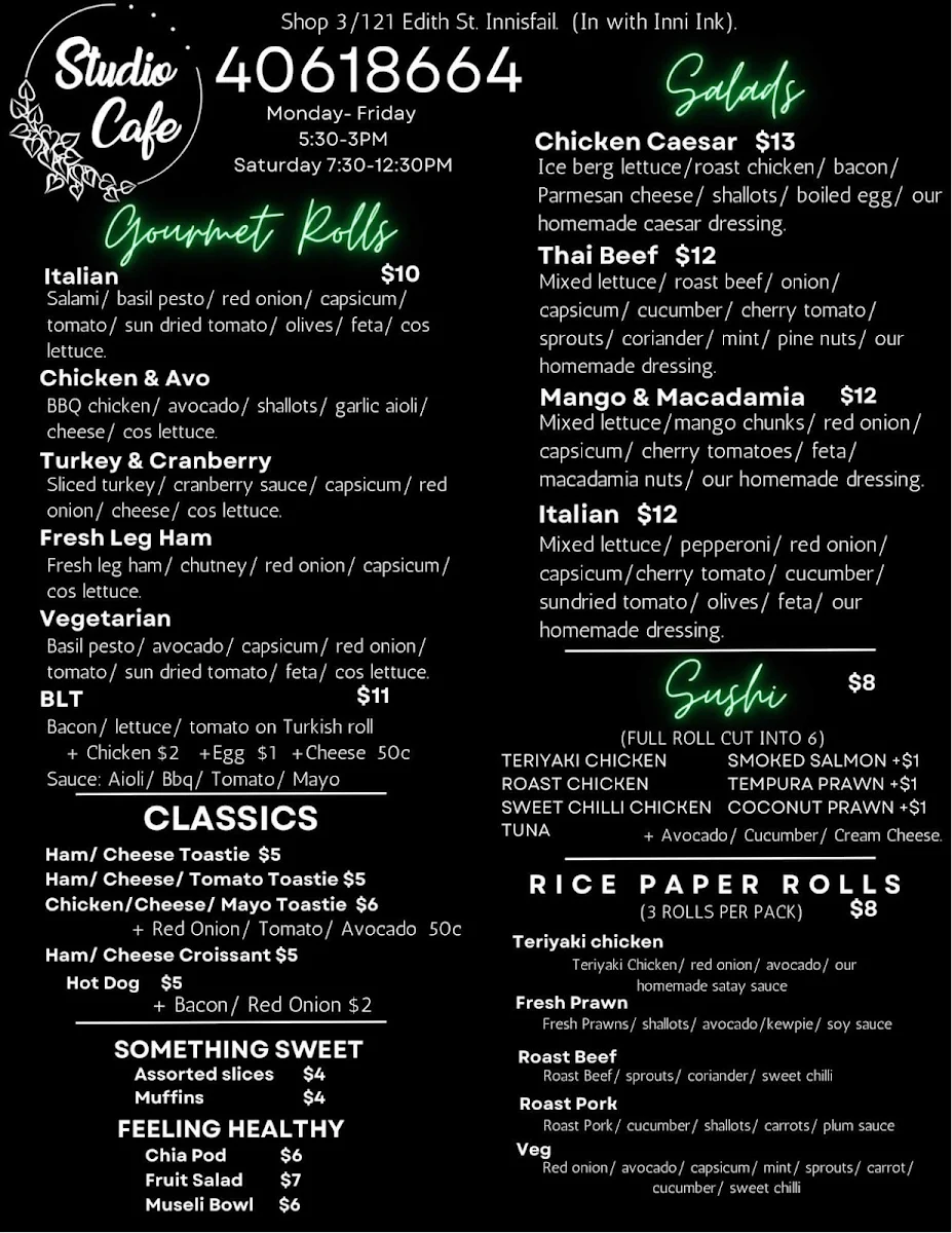 Menu, Studio Cafe Innisfail