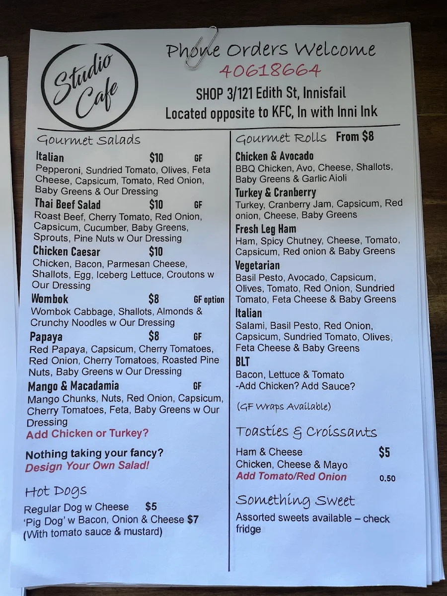 Menu, Studio Cafe Innisfail