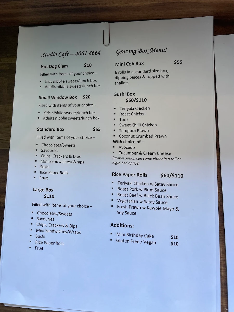 Menu, Studio Cafe Innisfail