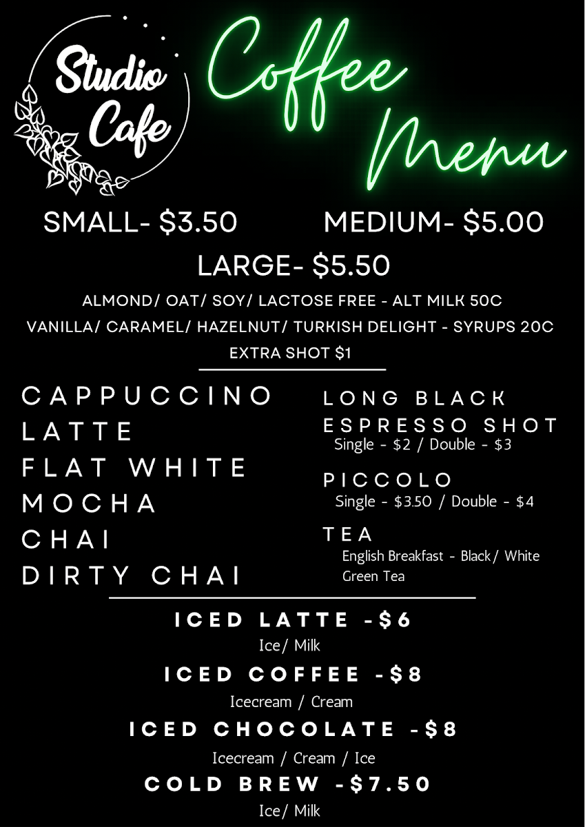 Menu, Studio Cafe Innisfail
