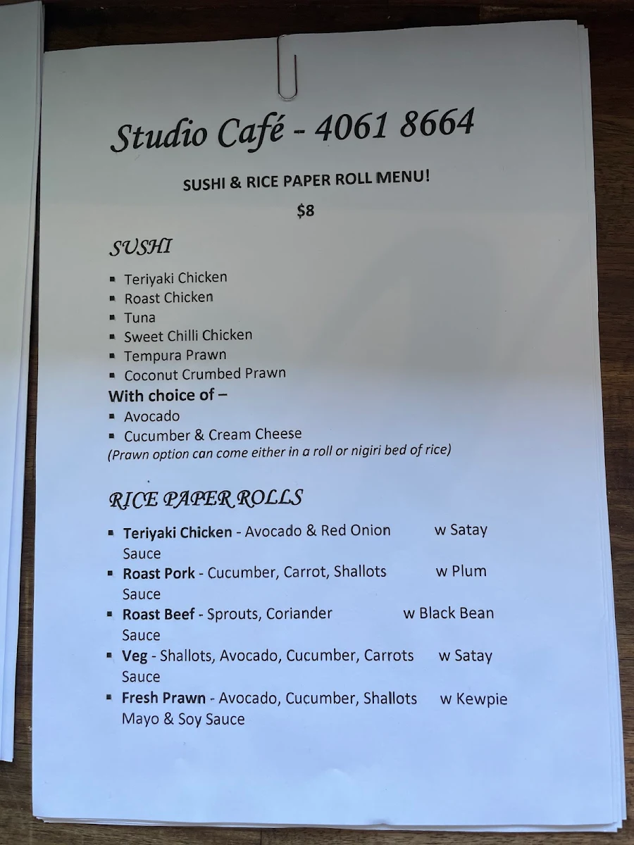 Menu, Studio Cafe Innisfail