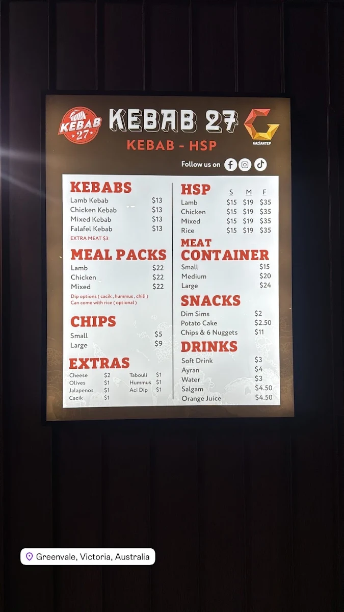 Menu, Kebab 27 - Greenvale