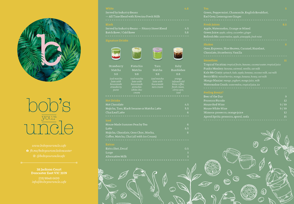 Menu, Bob's Your Uncle Cafe