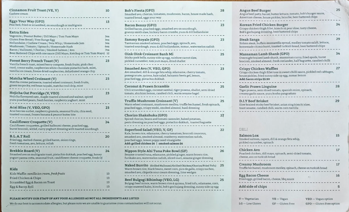 Menu, Bob's Your Uncle Cafe