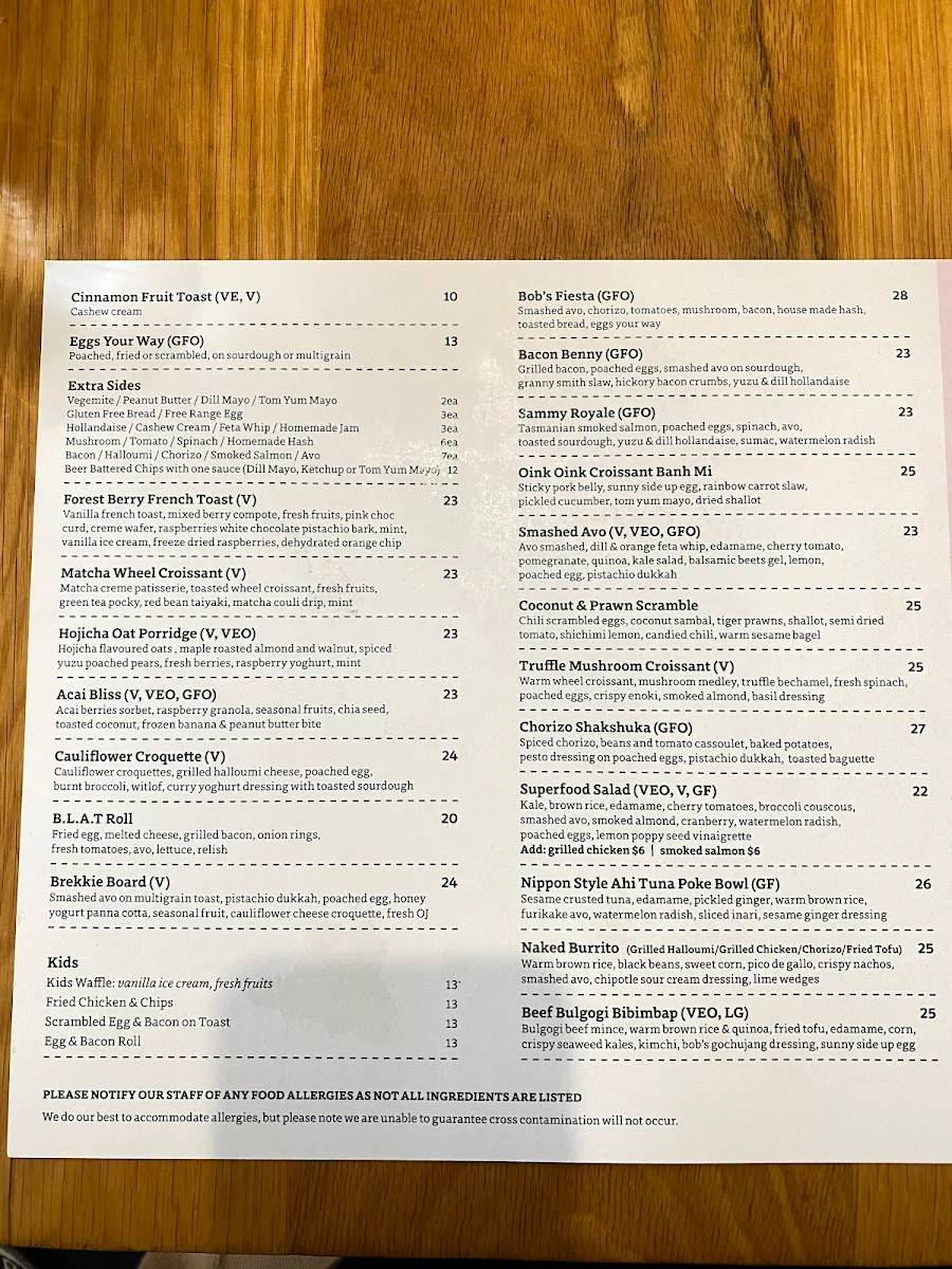 Menu, Bob's Your Uncle Cafe