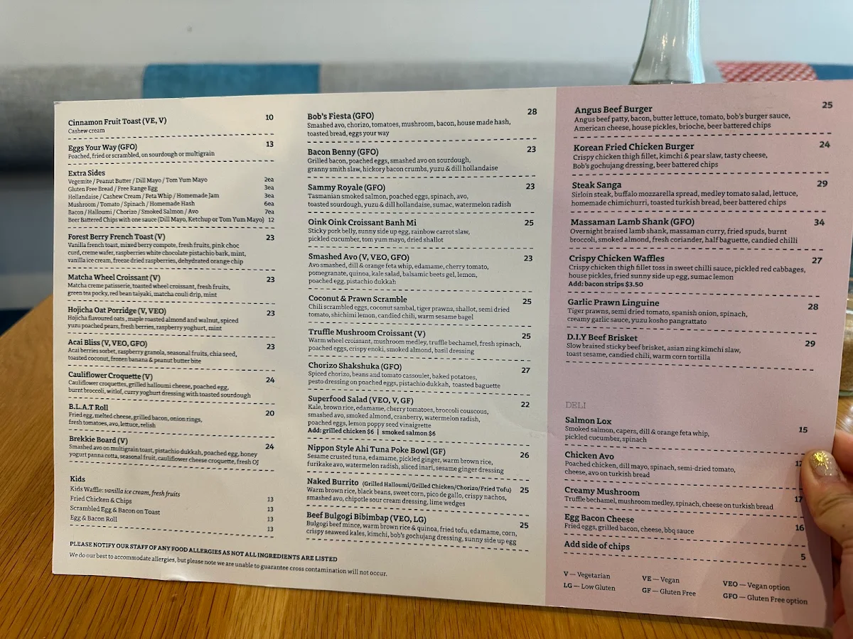 Menu, Bob's Your Uncle Cafe