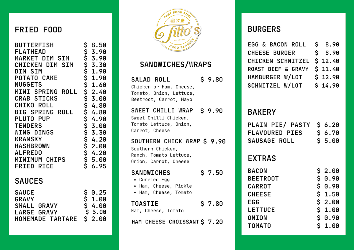 Menu, Titto's Store
