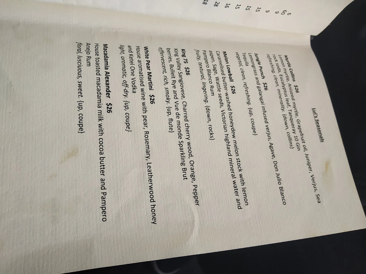 Menu, Lui Bar